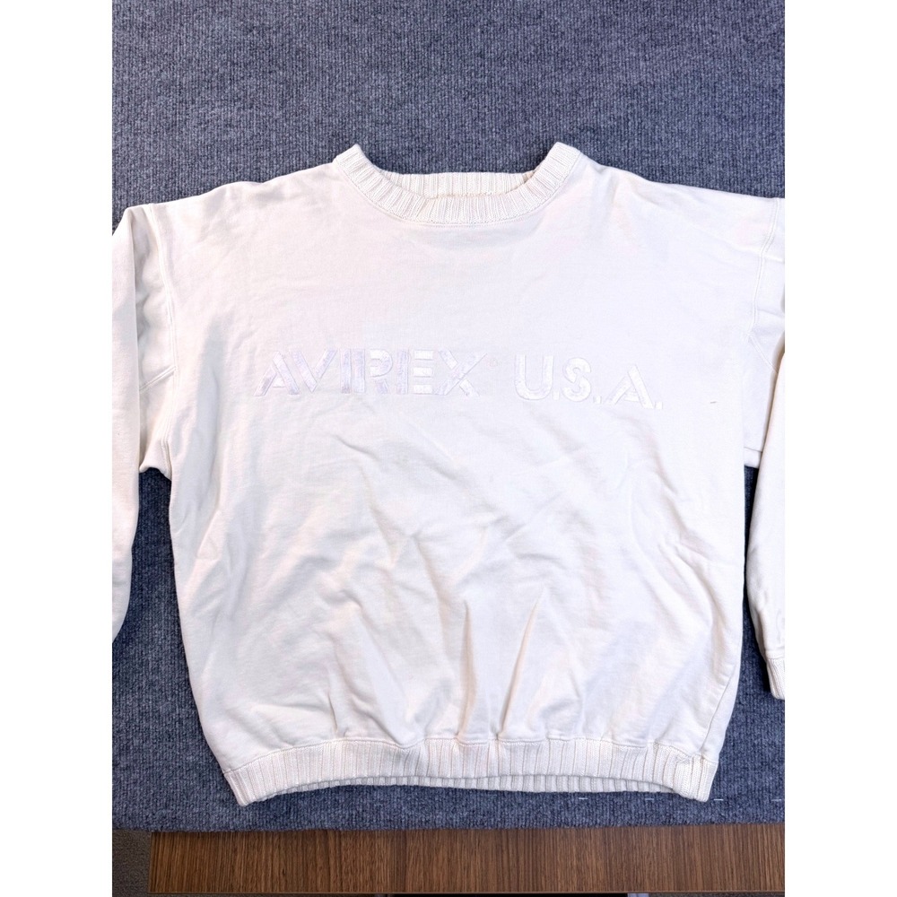 Avirex USA Sweatshirt Mens M Cream‎ Embroidered Crewneck VTG Stained Cotton